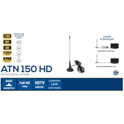 ANTENA INTERNA UHF DIGITAL HD MULTIVISÃO COM BASE MAGNÉTICA CABO 1,5M