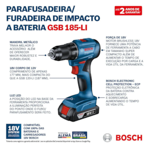 COMBO PARAFUSADEIRA FURADEIRA DE IMPACTO BOSCH GSB 185 LI + CHAVE DE IMPACTO GDR 18V 200 18V A BATERIA