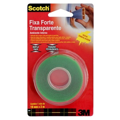 FITA DUPLA FACE 3M SCOTCH FIXA FORTE TRANSPARENTE 19MM X 2M PERMANENTE