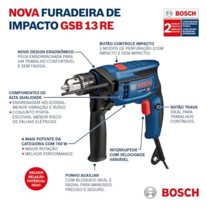 FURADEIRA DE IMPACTO BOSCH GSB13RE 750W 127V