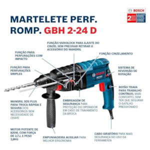 MARTELETE PERFURADOR ROMPEDOR SDS PLUS BOSCH GBH 2 24 D 820W 127V