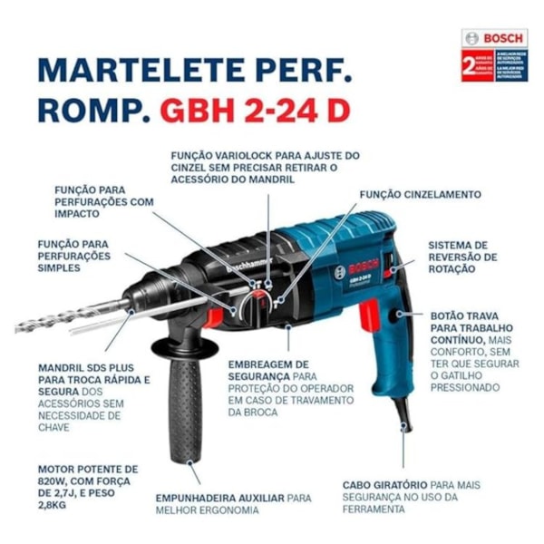 MARTELETE PERFURADOR ROMPEDOR SDS PLUS BOSCH GBH 2 24 D 820W 220V-9bd356ab-e9dd-4dcc-8c19-758548e0b714