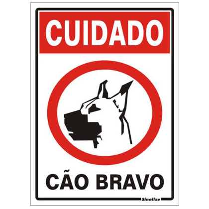 Placa De Sinalização Cuidado Cão Bravo Sinalize 20X30Cm PVC Auto Adesiva