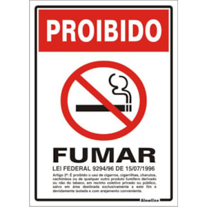 PLACA DE SINALIZAÇÃO PVC SINALIZE PROIBIDO FUMAR LEI FEDERAL 20 X 30 CM AUTOADESIVA